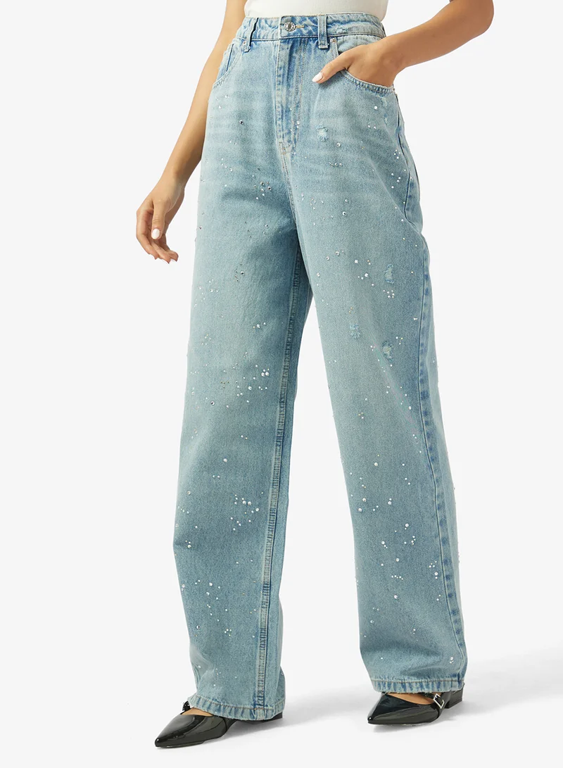 Ginger Mid Rise Straight Fit Jeans with Rhinestone Detail